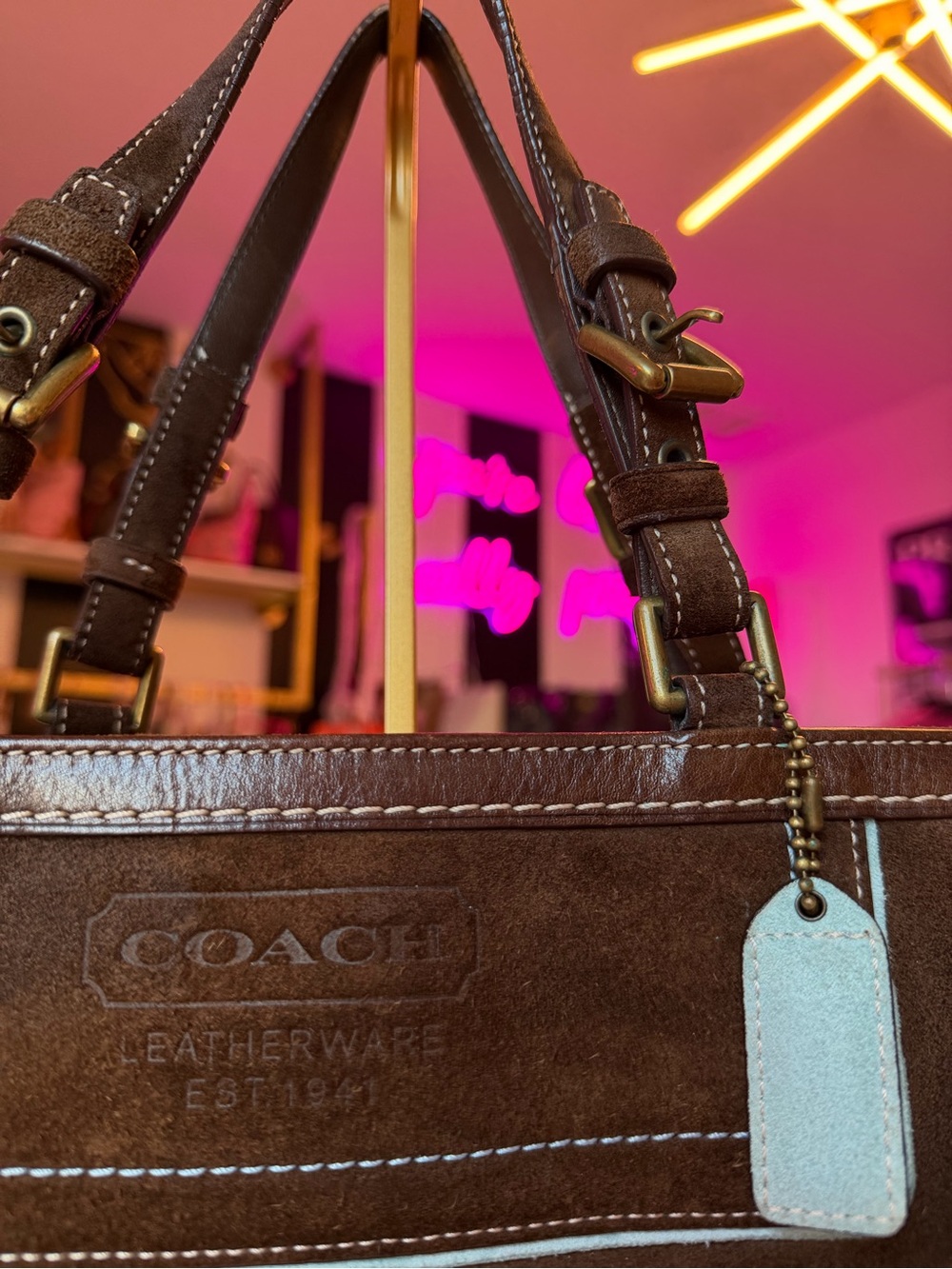 🤎 Vintage Coach Brown Suede Turnlock Tote Shoulder Bag Aqua Blue Lining Leather - Picture 17 of 17